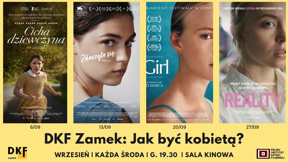 Cztery plalaty filowe obok siebie na zółtym tle.