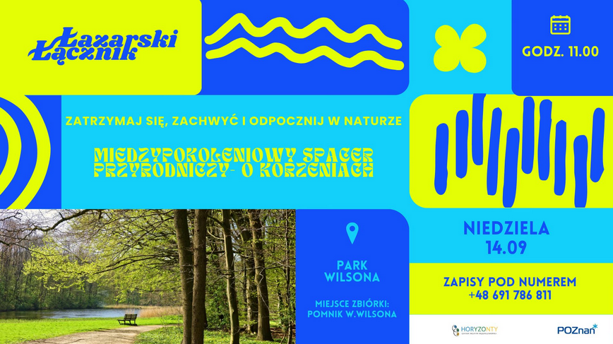 Zdjęcie ławki w parku, otoczonej wodą, ścieżką i drzewami. Wokół kolorowe napisy. Szczegóły na temat wydarzenia zawarte w treści artykułu.