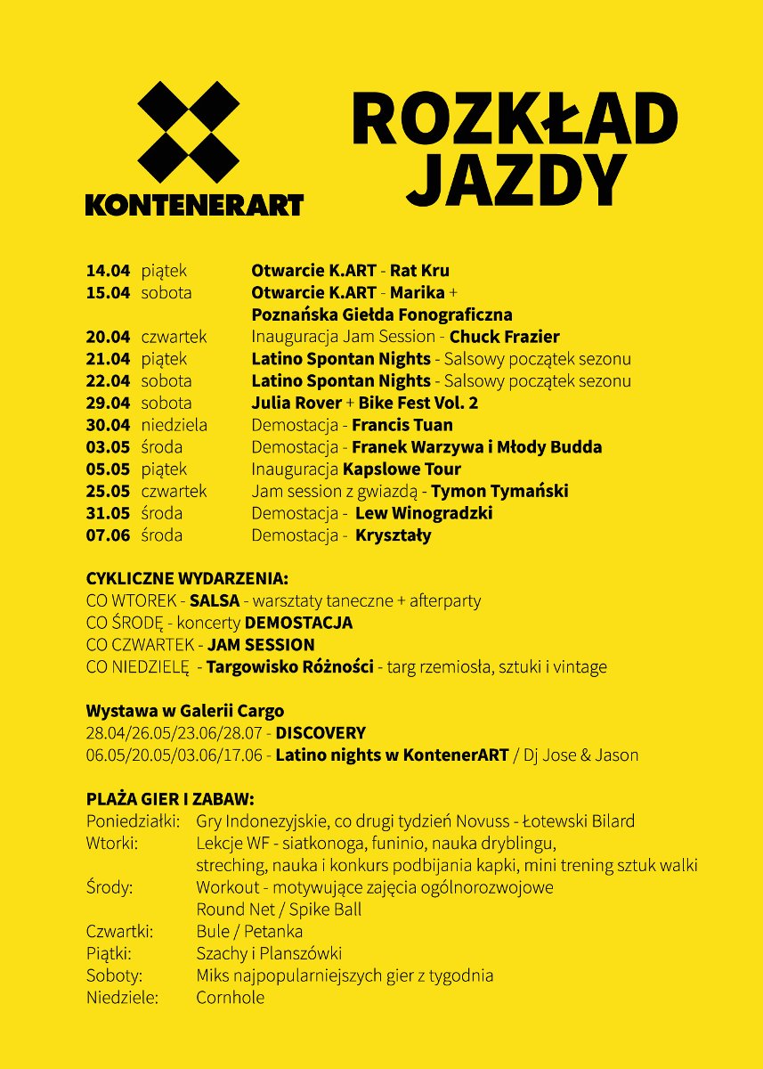 Zółty plakat z czarnymi napisami informującymi o planie wydarzeń.