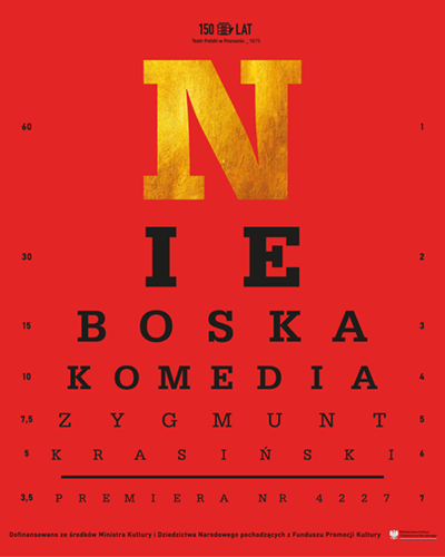 Na czerwonym tle tytuł spektaklu napisany literami różnej wielkości, największa pierwsza litera "n" jest złotego koloru.