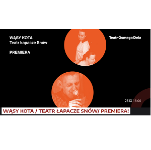 na czarnym tle dwa pomarańczowe koła z postaciami artystów oraz informacjami o spektaklu