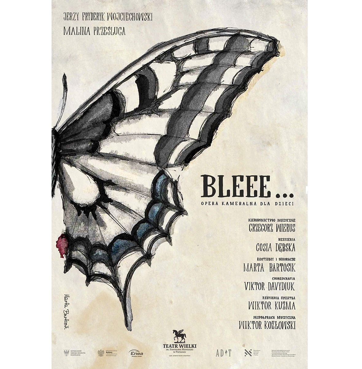 na jasnym tle skrzydło motyla namalowane czarnym kolorem, dodatkowo informacje o spektaklu