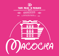 Fragment plakatu - na ciemno różowym tle biały napis "Macocha" i rysunek budynku.