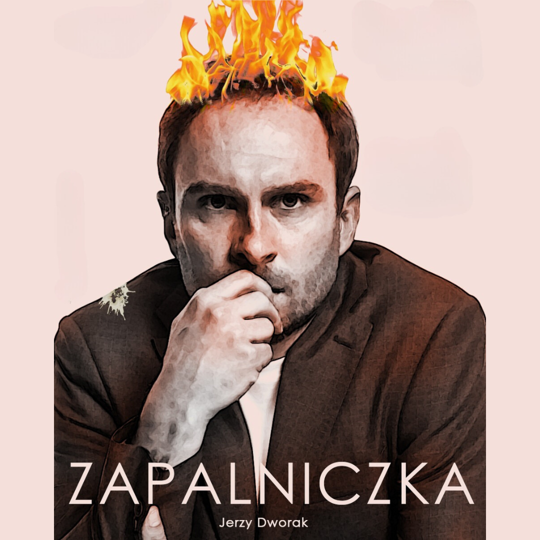 na zdjęciu mężczyzna patrzący w obiektyw, przykłada prawą rękę do ust. Na głowie ma na włosach ogień.