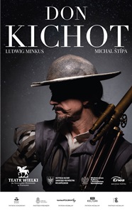 Zdjęcie mężczyzny z wąsem w kapeluszu, na górze plakatu tytuł spektaklu "Don Kichot".
