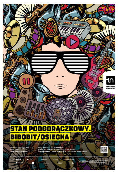 Kolorowy plakat - rysunek twarzy w okularach w czarno-białe paski, wśród różnych instrumentów muzycznych. Na dole plakatu tytuł spektaklu.