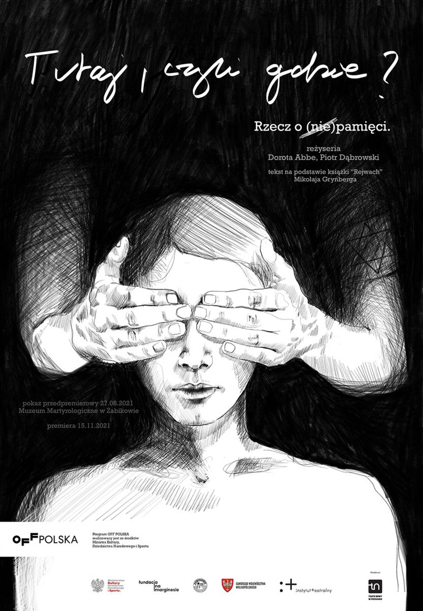 Czarno-biały rysunek kobiety, której osoba stojąca za nią zasłania dłońmi oczy.