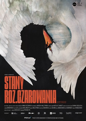 Na czarnym tle rysunek łabędzia z wygiętą szyją i rozpostartmi piórami; ułożenie łabędzia tworzy profil ludzkiej głowy. U dołu informacje na temat spektaklu.