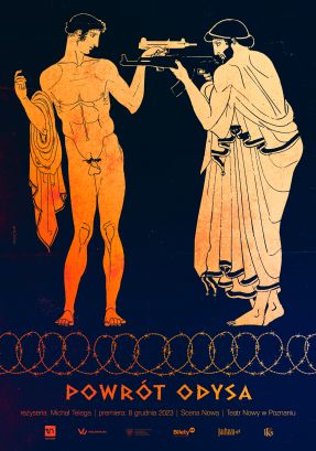 Grafika przedstawiająca dwóch mężczyzn, jeden nagi, drugi w szatach z czasów antycznych. Mężczyźni stoją naprzeciw siebie z wymierzoną w siebie nawzajem bronią.