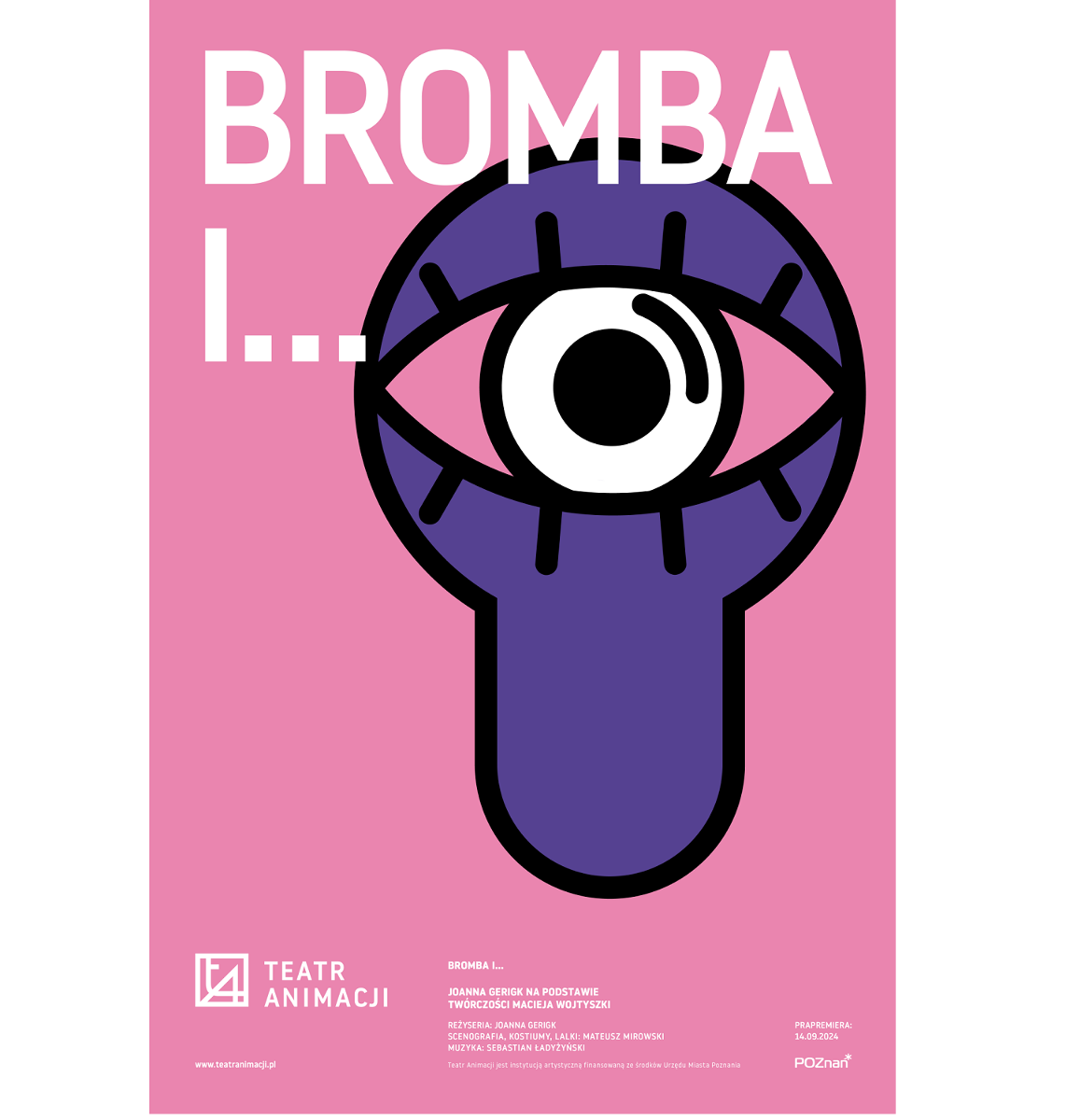 Na różowym tle fioletowy kształt dziurki od klucza a w nim rysunek oka. Na plakacie również informacje o spektaklu.