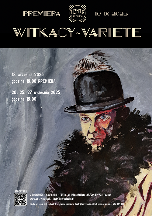 Rysunek przedstawiający twarz mężczyzny. Mężczyzna ma na głowie melonik i futrzany kołnierz wokół szyi. Z lewej strony informacje o spektaklach.