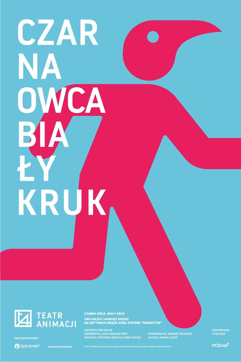 Schematyczny rysunek postaci w ruchu w czerwonym kolorze na niebieskim tle. Z lewej strony biały napis - tytuł spektaklu.