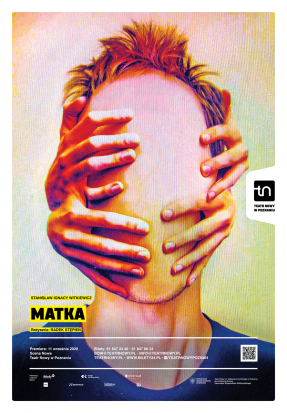 Plakat z rysunkiem twarzy bez oczu, ust i nosa, którą obejmują cztery dłonie. U dołu plakatu informacje o spektaklu.