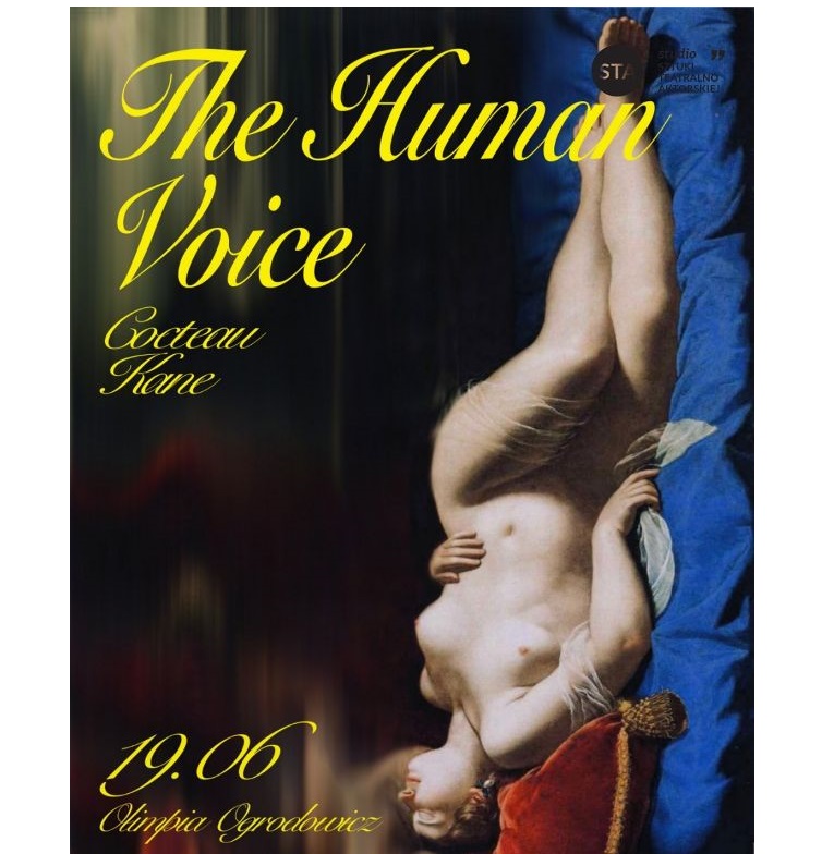 Na ciemnym tle widać leżącą nagą kobietę. Leży na niebieskim łożu, a jej glowa spoczywa na czerwonej ozdobnej poduszce. Oczy ma zamknięte. Zdjęcie jest ustawione pionowo, głowa kobiety skierowana jest do dołu plakatu.