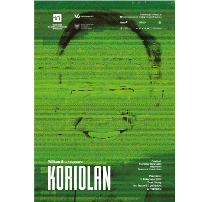 Zielony zamazany obraz, na którym widoczna jest twarz śmiejacego się mężczyzny. Na górze i na dole plakatu informacje o spektaklu.