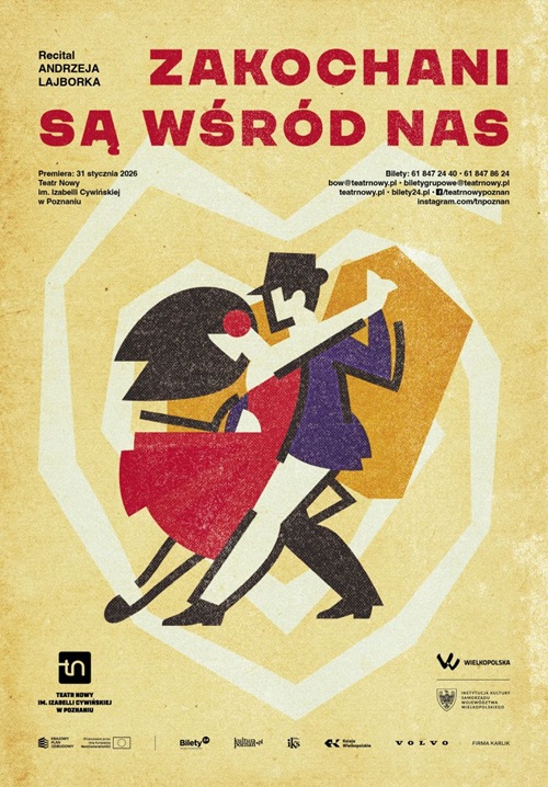 Rysunek pary w tańcu, jasne tło. U góry i dołu plakatu informacje na temat spektaklu i logotypy.