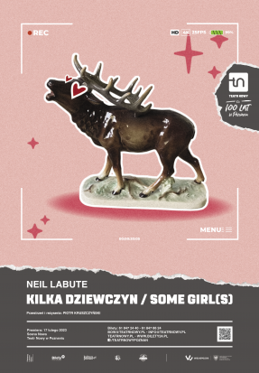 Plakat w różowo szarych barwach. Na różowym tle figurka ryczącego jelenia. Na dole plakatu informacje o przedstawieniu.