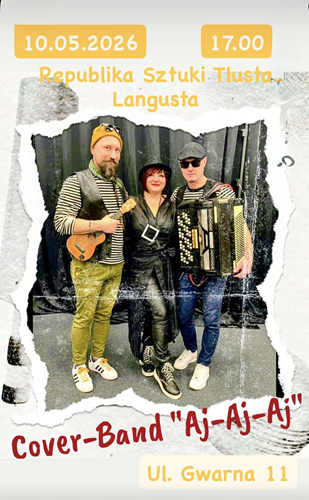 Kobieta i dwóch mężczyzn; mężczyżni trzymają instrumenty muzyczne - jeden z nich akordeon, drugi - ukulele. U góry i dołu plakatu informacje na temat wydarzenia.