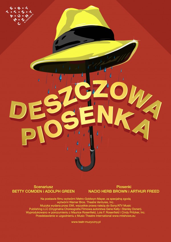 Grafika przedstawiająca parasol w kształcie kapelusza i krople wody pod nim. Na środku plakatu tytuł spektaklu, u dołu plakatu informacje na temat przedstawienia. Czerwone tło.