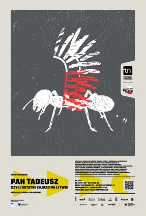 Plakat spektaklu: rysunek mrówki z biało czerwonymi skrzydłami przypominającymi skrzydła husarskie. U dołu plakatu informacje na temat spektaklu.