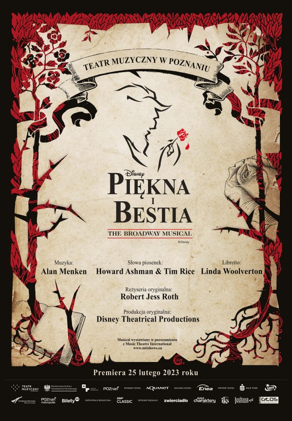Plakat w beżowo-brązowych kolorach, na środku zarys twarzy tytułowej Bestii z dłonią trzymającą czerwoną różę. Pod rysunkiem informacje na temat spektaklu.