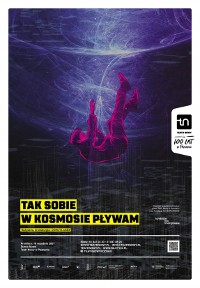 Plakat spektaklu w kolorach filotetowo-bordowych przedstawiający osobę unoszacą się powietrzu. U dołu plakatu informacje o przedstawieniu.
