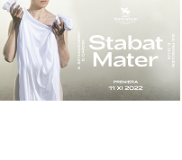 Plakat spektaklu - postać bez widocznej twarzy, trzymająca przed sobą białe płótno. Po prawej stronie tytuł i informacje o spektaklu.