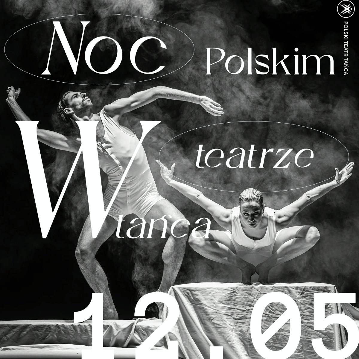Czarno-białe zdjęcie - tancerka i tancerz w tanecznych pozach, napis - tytuł i data wydarzenia.