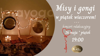 Na plakacie znajdują się misy, dwa gongi oraz światełka. Obok widnieją również informacje opisane w opsiie takie jak data oraz godzina.