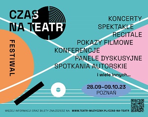 Plakat z informacjami na temat festiwalu: czarne napisy na zielonym tle. U dołu plakatu biała pięciolinia z trzema różnymi figurami na niej. Z lewej strony pomarańczowe półkole, z prawej - różowy trójkąt.