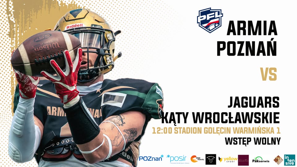 Po lewej zawodnik w kasku trzymający piłkę do futbolu amerykańskiego. Po prawej informacje o wydarzeniu.