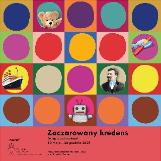 Kolorowa grafika składająca się z kwadratów o różnych kolorach, w środku znajdują się kolorowe kółka. W niektórych kółkach są dodatkowe elementy, np. pluszowy miś, statek, samolot. Na dole czarne napisy informujące o wydarzeniu.