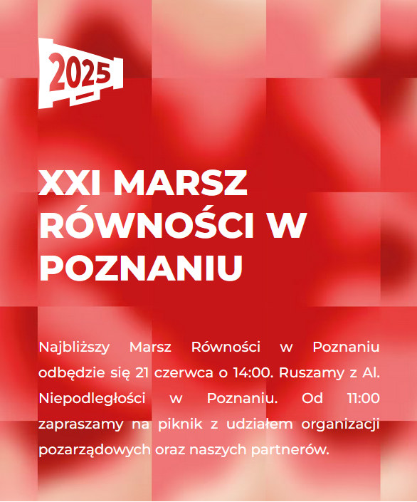 Białe napisy informujące o wydarzeniu na czerwonym tle.