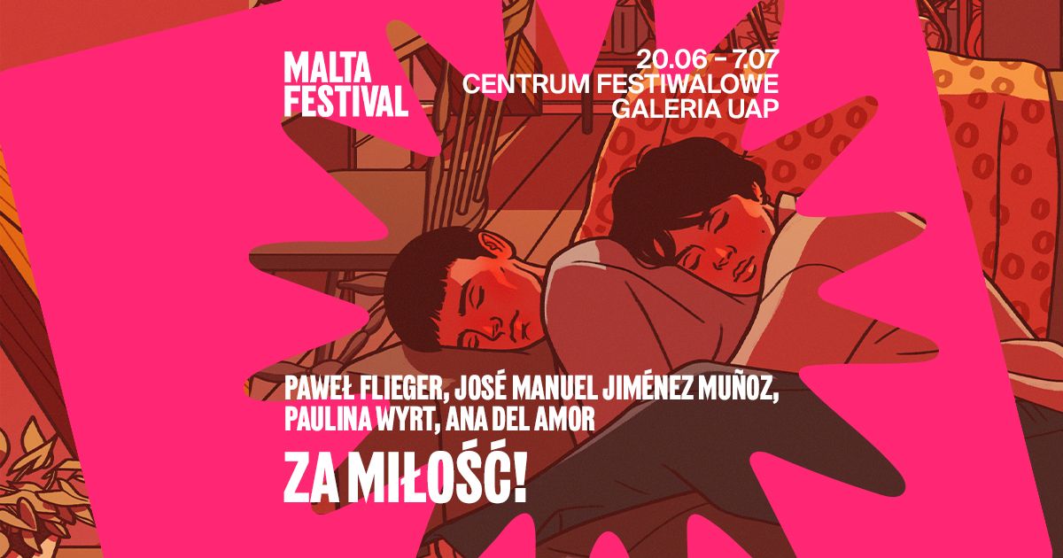 Para leży przytulona na kanapie. Na dole i na górze białe napisy informujące o wydarzeniu na różowym tle.