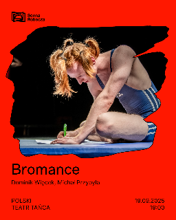 Plakat spektaklu. Na scenie postać w niebieskim stroju sportowym, pisząca na podłodze. Informacje o wydarzeniu w treści artykułu.