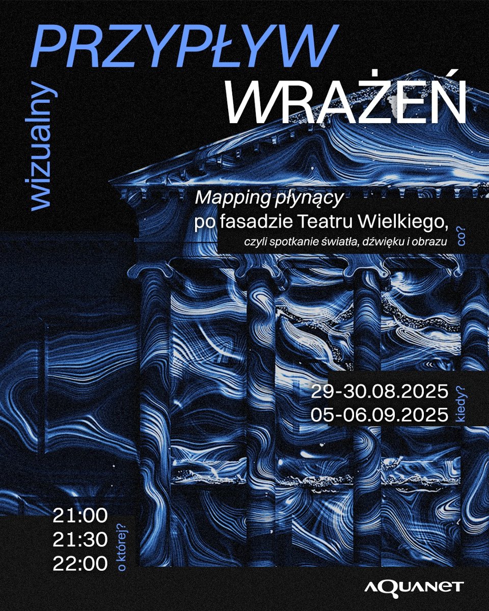 W tle budynek Teatru Wielkiego w Poznaniu. Na nim naniesione niebiesko-białe światła. Na pierwszym planie szczegóły na temat wydarzenia zawarte w treści artykułu.