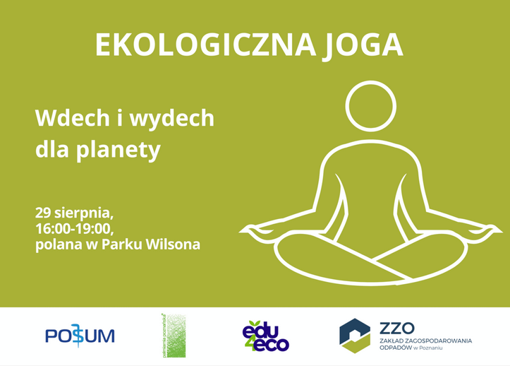 Białe kontury postaci siedzącej w siadzie skrzyżnym na zielonym tle. Loga partnerów wydarzenia na białym tle. Szczegółowe informacje z plakatu w treści artykułu.