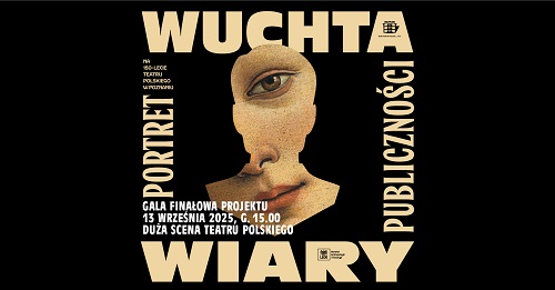 Na czarnym tle fragment twarzy, dookoła niej, w kwadracie, informacje na temat wydarzenia.