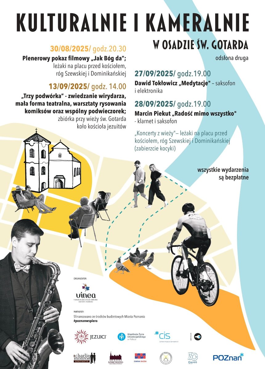 Biało-czarne zdjęcia gołębi, ludzi. Rysunek klasztoru. W tle kolorowa mapa Poznania. Szczegółowe informacje dotyczące wydarzenia w treści artykułu.