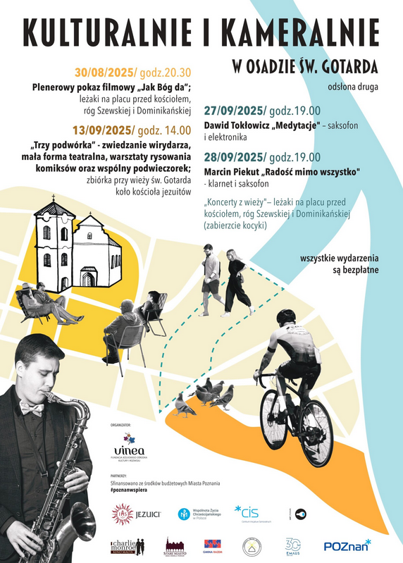 Biało-czarne zdjęcia gołębi, ludzi. Rysunek klasztoru. W tle kolorowa mapa Poznania. Szczegółowe informacje dotyczące wydarzenia w treści artykułu.