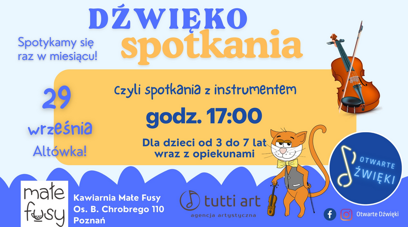 Rysunkowy kot podpierający się na skrzypcach. Grafika altówki. niebiesko-żółte tło, napisy. Szczegóły na temat wydarzenia zawarte w treści artykułu.