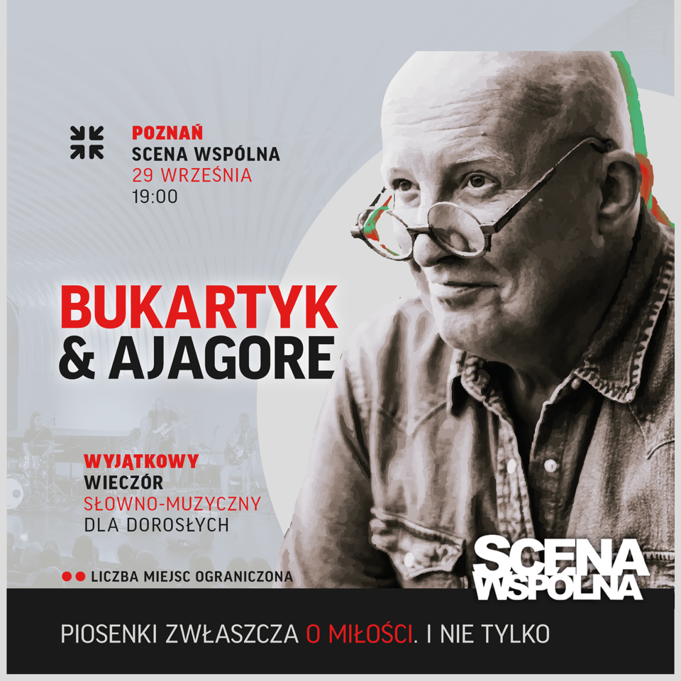 Z prawej strony zdjęcie Piotra Bukartyka, z lewej informacje na temat wydarzenia.