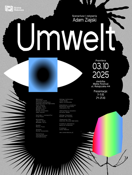 Na środku widnieje duży biały napis "Umwelt" na czarnym, nieregularnym tle przypominającym plamę atramentu. W centralnej części grafika oka. Na dole plama w kolorach tęczy.