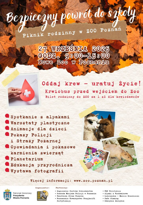 W prawym dolnym rogu 3 zdjęcia prezentujące alpaki, kapibarę i rysunek przedstawiający dom. U góry grafika liści oraz zdjęcie dłoni trzymającej czerwoną kroplę z krzyżem, symbolizującą krwiodawstwo. Szczegółowe informacje na temat wydarzenia zawarte w treści artykułu.