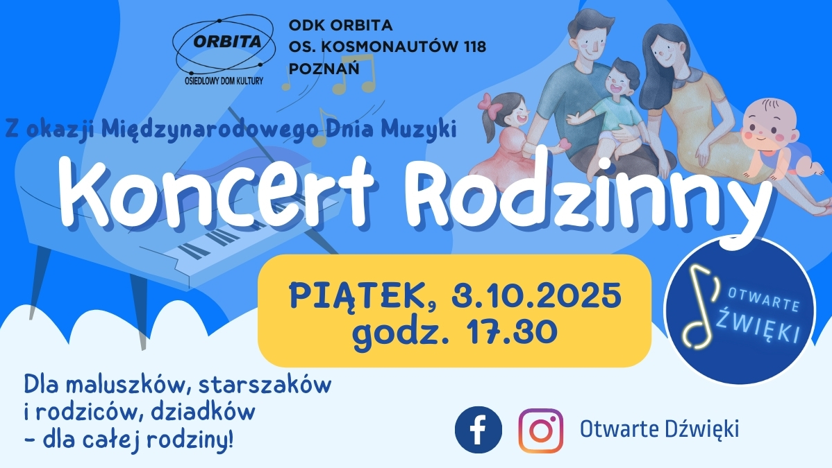 Ilustracja przedstawiająca rodzinę: dorosłego mężczyznę, kobietę oraz dwoje dzieci, dziewczynkę w sukience z kokardą we włosach i chłopca w zielonej bluzce, którego mężczyzna trzyma na kolanach. Rodzina siedzi razem obok siebie. Obok nich z prawej strony widać niemowlę, a z lewej znajduje się pianino. Niebieskie tło. Szczegółowe informacje na temat wydarzenia zawarte w treści artykułu.