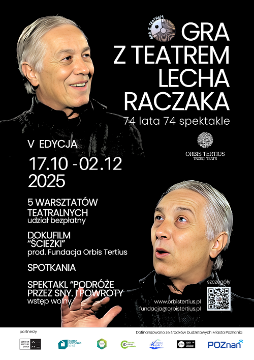 Na czarnym tle informacje na temat festiwalu i dwa zdjęcia twarzy Lecha Raczaka.