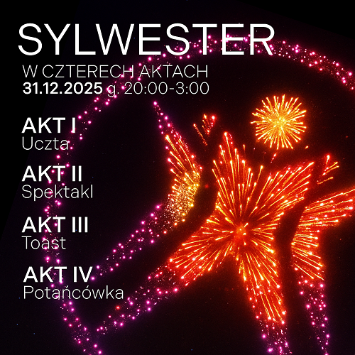 Na ciemnym tle fajerwerski w kształcie logo Polskiego Teatru Tańca oraz informacje na temat wydarzenia.