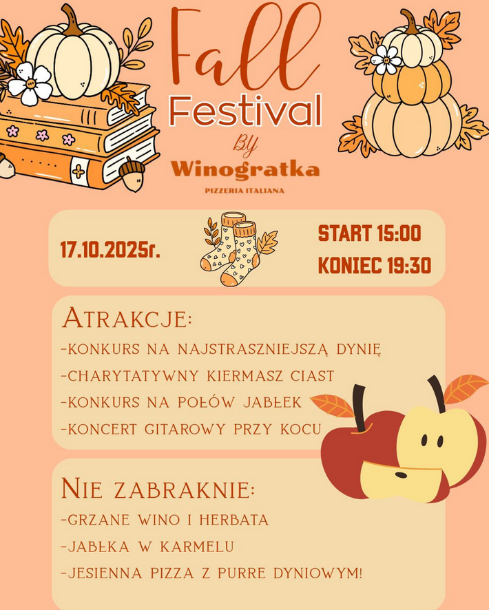 Po lewej stronie znajdują się 3 książki, na których leży biała dynia otoczona liśćmi i białym kwiatem. Po prawej stronie znajdują się 3 dynie różnej wielkości ozdobione liśćmi i białym kwiatem. Na dole po prawej stronie widać dwa jabłka, oba ozdobione liśćmi. W centralnej części grafiki między napisami umieszczono skarpetki. Szczegółowe informacje o wydarzeniu zawarte w treści artykułu.