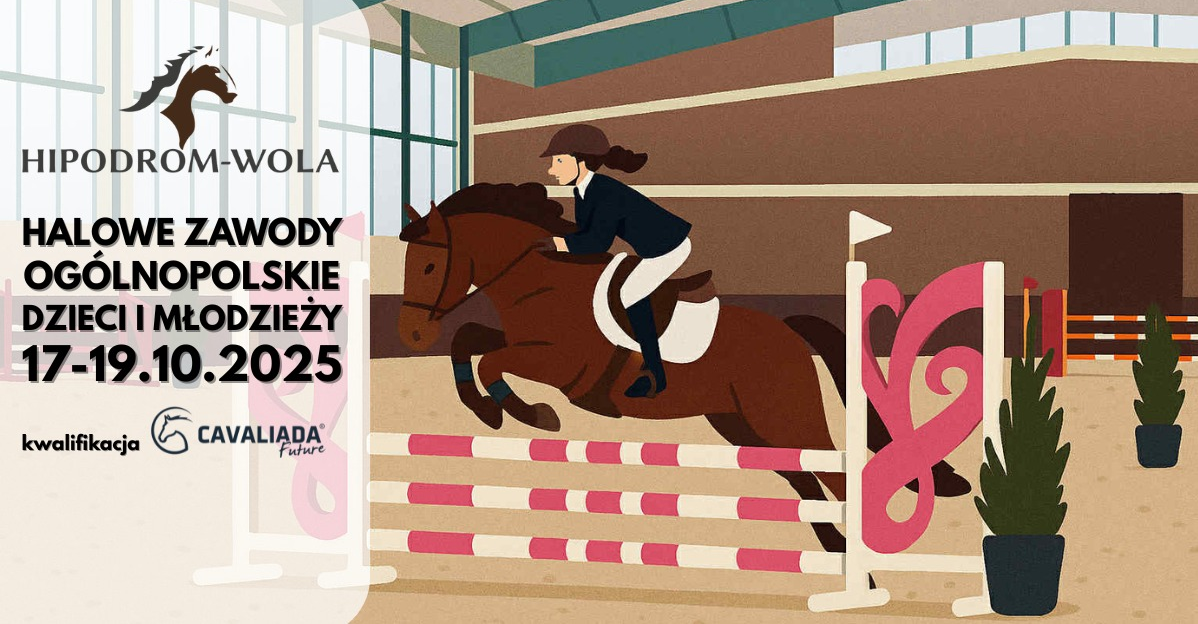 Grafika przedstawiająca dziewczynę siedzącą na koniu. Przeskakują oni przeszkodę na zawodach. Z lewej strony na białym tle informacje na temat wydarzenia zawarte w treści artykułu.