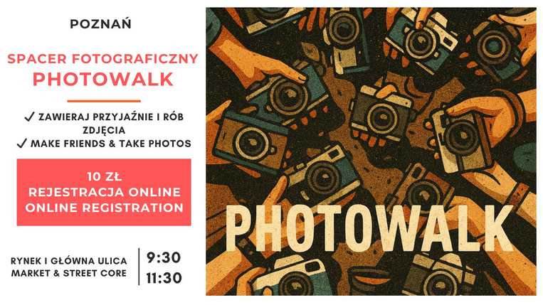 Z prawej strony grafika przedstawiająca dłonie trzymające aparaty cyfrowe. Na froncie napis "Photowalk". Z lewej strony napisy na białym tle. Szczegółowe informacje na temat wydarzenia zawarte w treści artykulu.